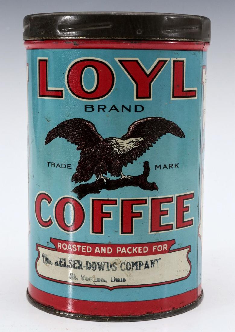 A LOYL BRAND ONE POUND TIN LITHO COFFEE CAN: A one-pound can for LOYL brand coffee by The Kelser-Dowds Company, three-color tin litho features a patriotic image of a bald eagle on both sides, metal lid, signed Continental Can Co. Measures 6.5 x 