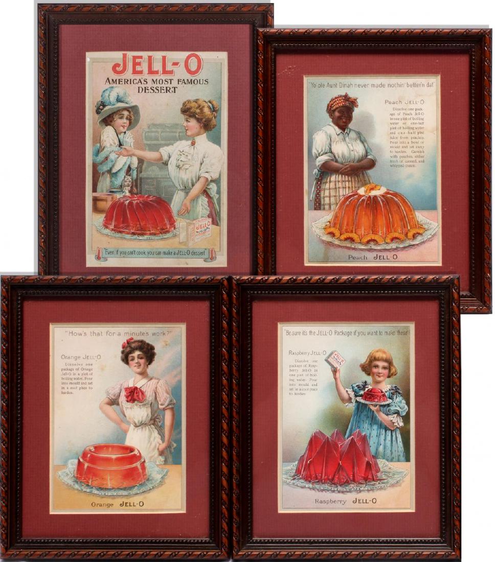 A COLLECTION OF FRAMED JELL-O TRADE CARDS C. 1910: Great colorful compositions of Jell-O dishes and their makers along with the directions for making the pictured dessert, 'How's That For a Minute's Work?.' Frames measure 8.25 x 6.75 and 9 x 7 inches.