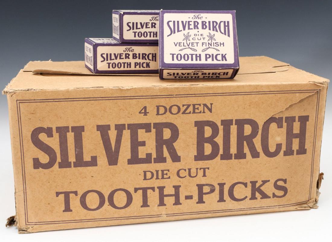 AN UNUSED CASE OF SILVER BIRCH BRAND TOOTHPICKS: An original store case of SILVER BIRCH brand toothpicks, contains 47 unopened boxes of toothpicks. Box measures 5.5 x 12.5 x 7.75 inches. We happily provide seamless in-house packing and shipping serv