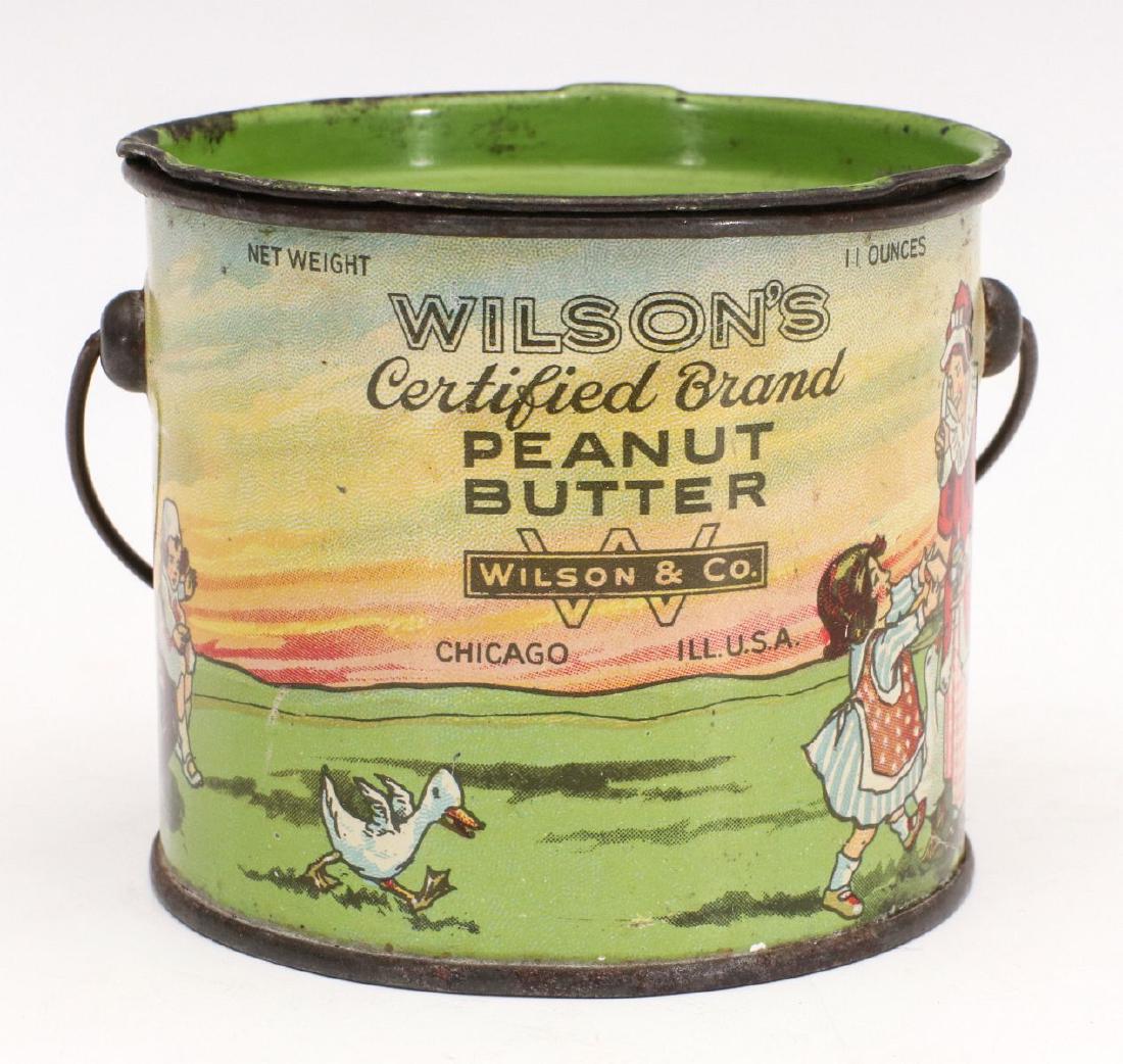 A WILSON'S BRAND PEANUT BUTTER TIN LITHOGRAPH PAIL: Color graphics of the story of The Old Woman Who Lived in a Shoe for Wilson & Co., Chicago. Measures 3 x 4 inches. We happily provide seamless in-house packing and shipping services on nearly everythi