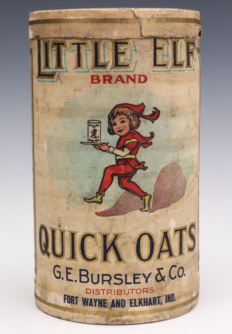 A LITTLE ELF BRAND QUICK OATS CONTAINER: The cardboard canister for G.E. Bursley & Co., Fort Wayne and Elkhart, Indiana. Measures 7.25 x 4 inches. We happily provide seamless in-house packing and shipping services on nearly everything we sel