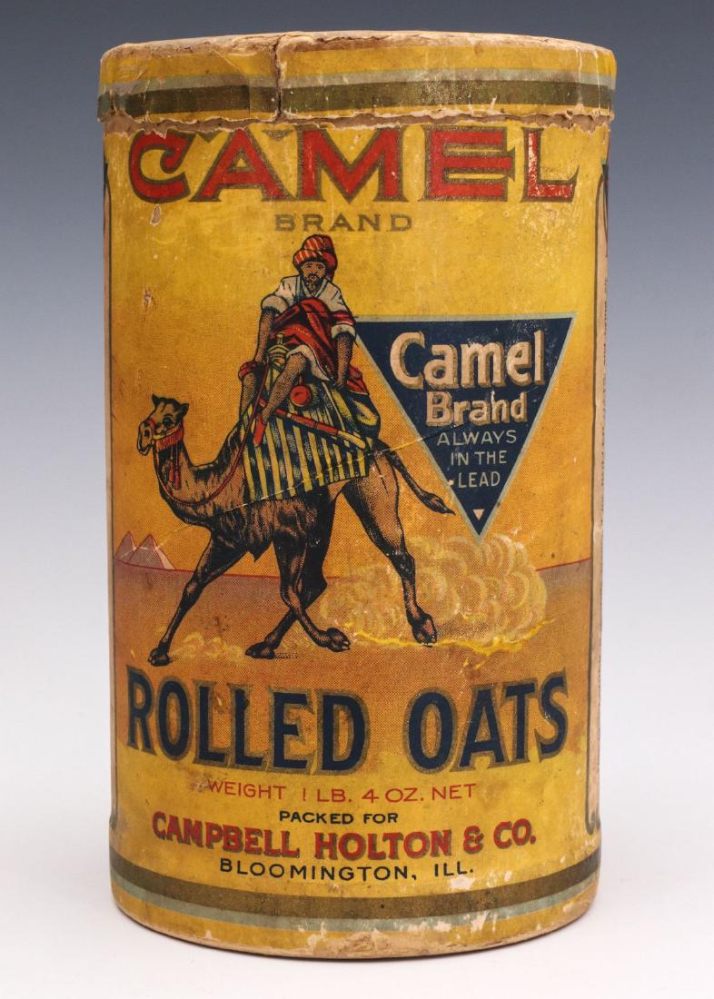 AN EARLY CAMEL BRAND ROLLED OATS CONTAINER: CAMEL BRAND ALWAYS IN THE LEAD, the 1 lb 4 oz size with commensurate graphics, 'Packed for Campbell Holton & Co., Bloomington, Ill. Measures 7.25 x 4.25 inches. We happily provide seamless in-house pa