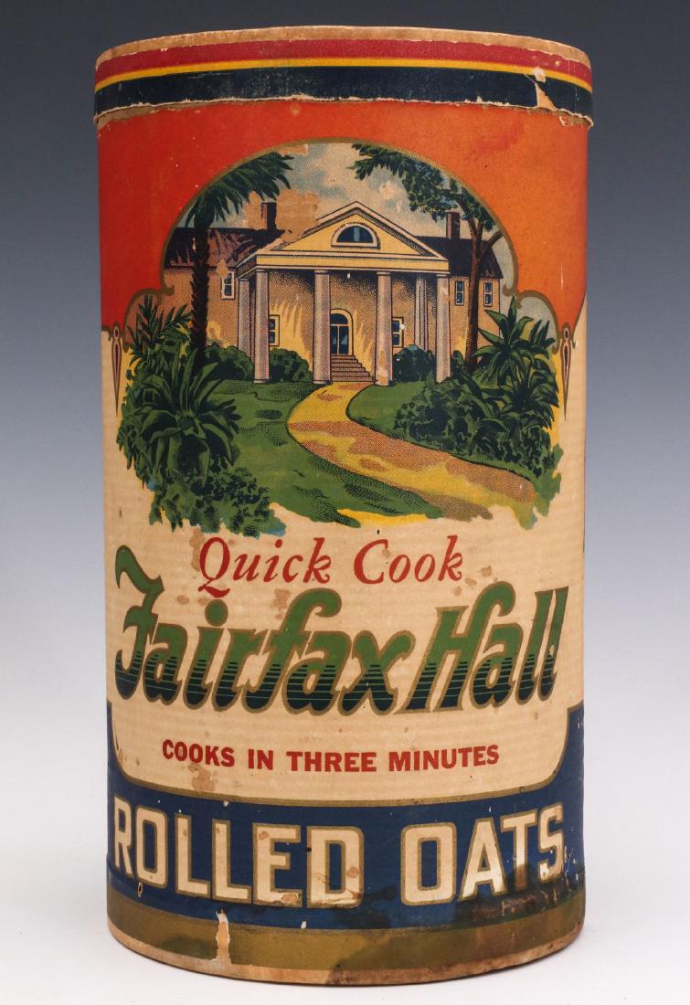A FAIRFAX HALL BRAND ROLLED OATS CONTAINER: The colorful 3LB container pictures Fairfax Hall and reads COOKS IN THREE MINUTES 'Packed for Wholesale Grocers Exchange, Inc., Richmond, VA.' Measures 9.5 x 5.25 inches. We happily provide seamless i