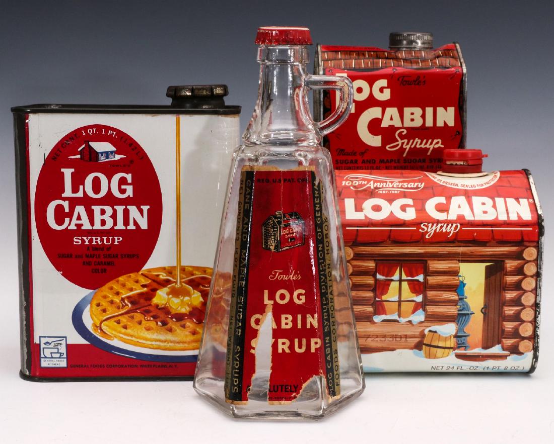LOG CABIN SYRUP ADVERTISING PRODUCT CONTAINERS: Tins, can and bottle. Large syrup tin measures 6.75 x 3.5 x 5.25 inches. We happily provide seamless in-house packing and shipping services on nearly everything we sell.