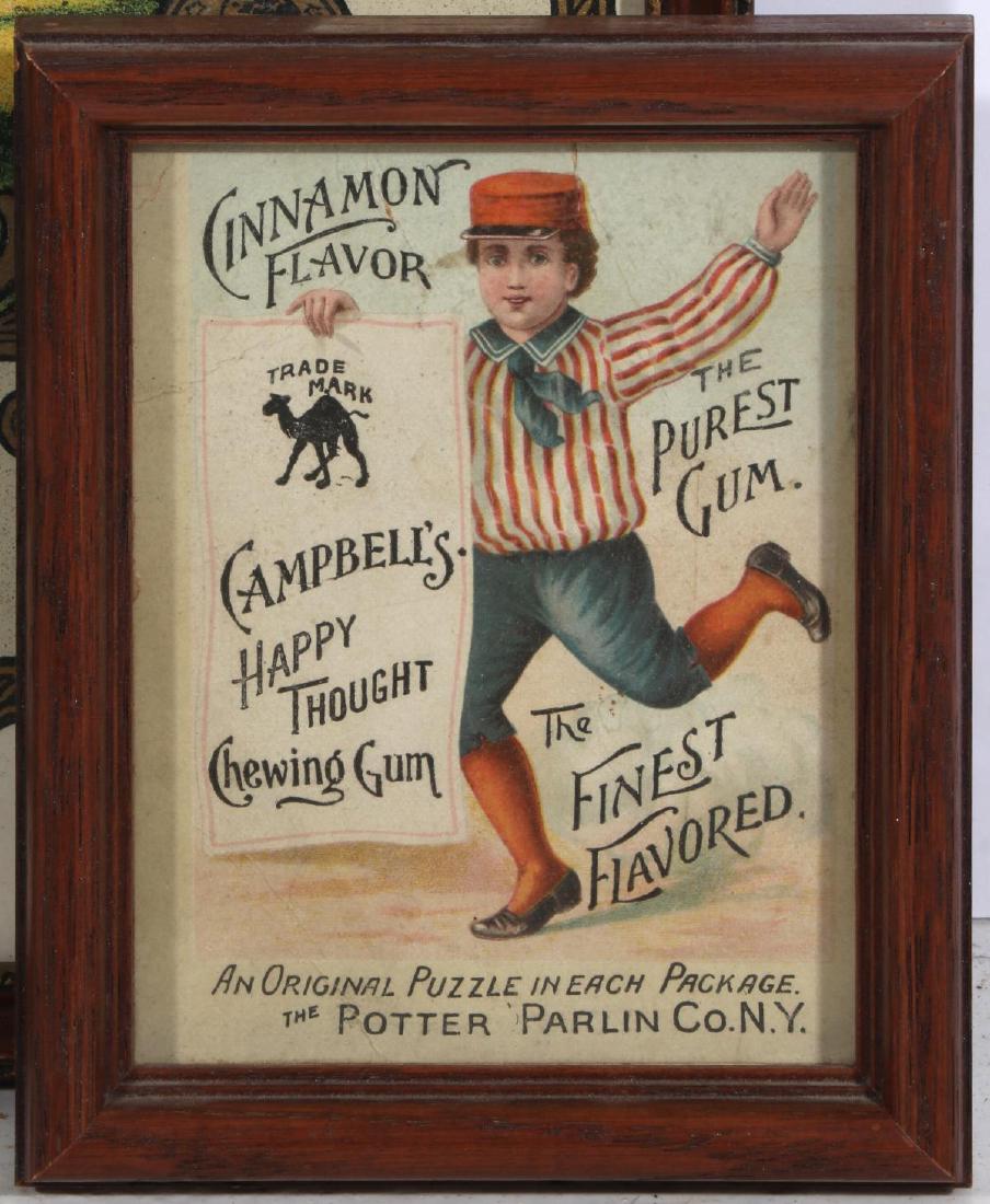 A CAMPBELL'S HAPPY THOUGHT GUM TRADE CARD C 1900: A circa 1900 chromolithograph advertisement for Campbell's Happy Thought Chewing Gum - 'the Purest Gum, the Finest Flavored - an original puzzle in each package, the Potter Parlin Co., NY.' Measures 5