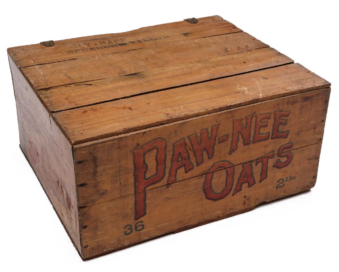 A PAW-NEE OATS WOOD CRATE WITH ADVERTISING: The circa 1900 wood crate with red lettering trimmed in black. Measures 11.75 x 20.25 x 24.25 inches. We happily provide seamless in-house packing and shipping services on nearly everything we sell.
