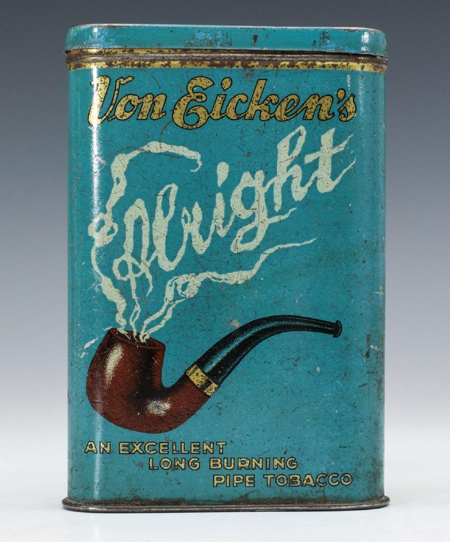 A VON EICKEN'S ALRIGHT BRAND TOBACCO POCKET TIN: A tin for Alright brand pipe tobacco by Joh. Wilh. von Eicken, Hamburg Germany, polychrome tin litho with hinged lid. 4.5 x 3 inches. We happily provide seamless in-house packing and shipping services