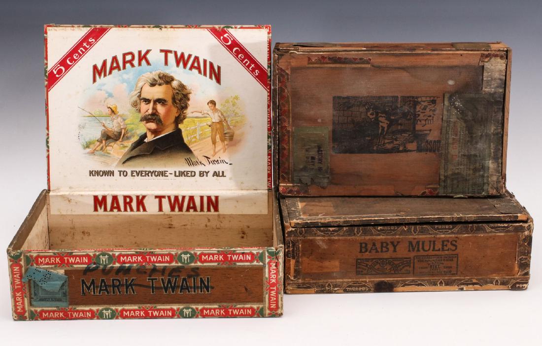 THREE MISSOURI FACTORY MAHOGANY CIGAR BOXES: Missouri Mule and Mark Twain themes. Measures 2.5 x 8 x 5 inches up to 2.5 x 8.5 x 6 inches. We happily provide seamless in-house packing and shipping services on nearly everything we sell.