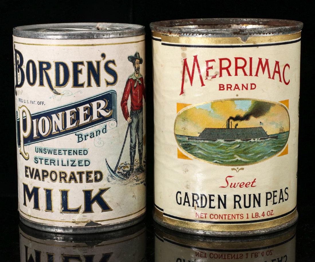 BORDEN'S MILK AND MERRIMAC PEAS 1920s PRODUCT CANS: Borden's Pioneer Evaporated Milk pictures a pioneer, plus a second can pictures the Civil War ironclad Merrimac(sic). Measure 4.5 x 3 inches and 4.5 x 3.5 inches. We happily provide seamless in-house
