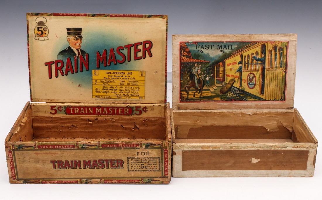 THREE RAILROAD THEME MAHOGANY CIGAR BOXES C 1915: As shown. Measures 2.5 x 8.25 x 5 inches up to 2.75 x 9.25 x 5.75 inches. We happily provide seamless in-house packing and shipping services on nearly everything we sell.