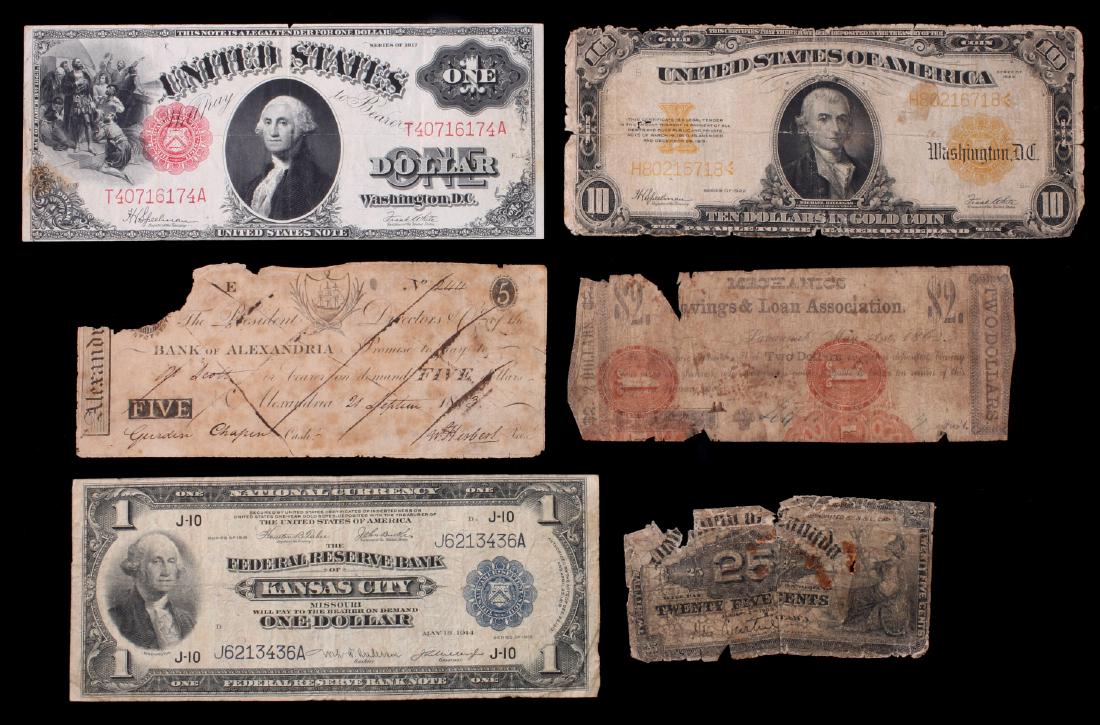 A SMALL COLLECTION OF OBSOLETE U.S. CURRENCY: A collection of notes and currency that includes a 1917 Series large size one dollar legal tender note with red seal. A 192 $ Gold Certificate, and various other paper notes. Largest measures 3-1/8 x 