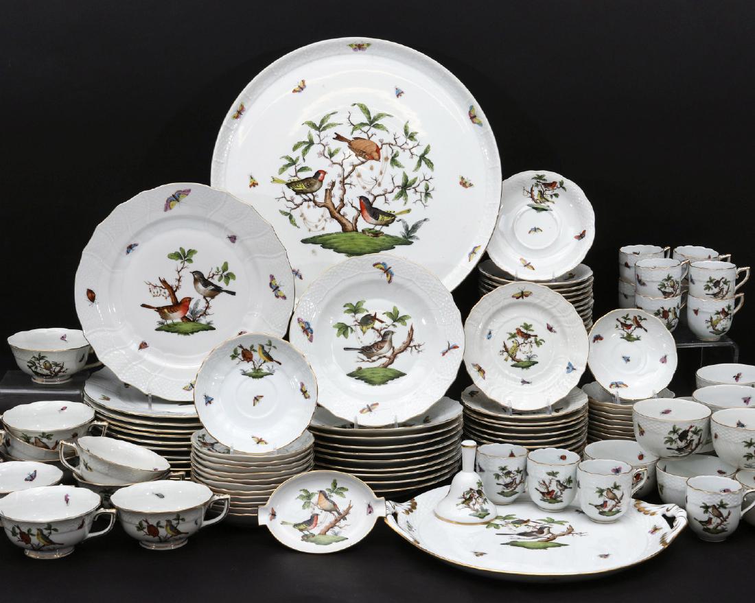 A HEREND CHINA 'ROTHSCHILD BIRD' CHINA SERVICE: A 111 piece service for twelve including a 14.5-inch chop plate, twelve 10.25-inch dinner plates, ten 8.25-inch salad plates, twelve 6-inch bread plates, twelve 2.25-inch demitasse after dinner/mocha 
