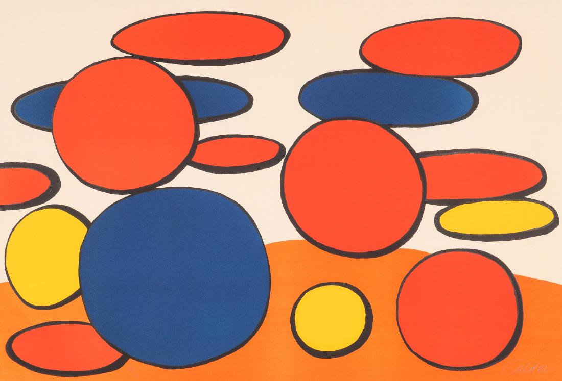 ALEXANDER CALDER (1898-1976) PENCIL SIGNED LITHO: Alexander Calder (1898 - 1976) Bulles Rouge et Blue (Red and Blue Bubbles) 1969 A color lithograph signed lower right, edition XIX/L (19/50) lower left, professionally framed and matted with Plexiglas