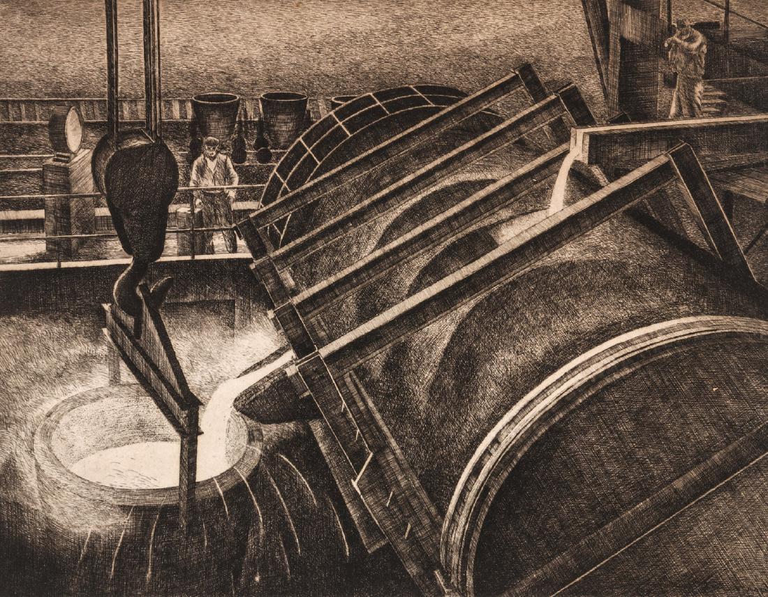 JACKSON LEE NESBITT (1913-2008) TWO ETCHINGS: Jackson Lee Nesbitt (1913-2008) Circa 1940 Images from the Sheffield Steel series, titled 'Hot Metal - Sheffield Steel Corporation' and 'Charging Molten Metal and Hot Metal Sheffield Steel Corporation