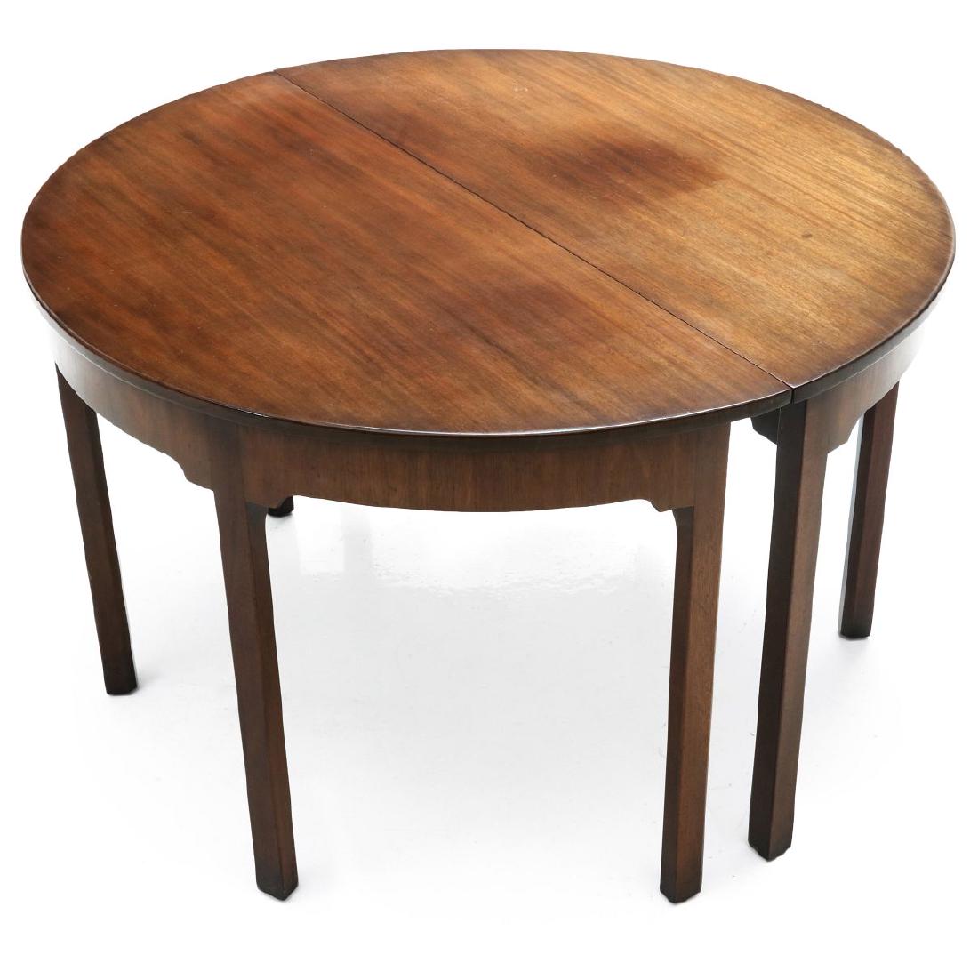 A PAIR EARLY 20TH CENT KITTINGER DEMILUNE TABLES: The pair, Hepplewhite style, mahogany woods, signed Kittinger by paper label. Measures 29.25 x 24 x 48 inches. We happily provide seamless in-house packing and shipping services on nearly everything w