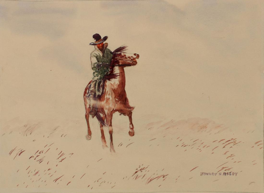 LEONARD REEDY (1899-1956) WATERCOLOR ON PAPER: Leonard Howard Reedy (1899-1956) Cowpuncher in a Storm Signed lower right, titled 'Cowpuncher in a Storm' in pencil lower center margin. Measures 8 x 11 inches, 9 x 12 inch sheet, 13 x 16 inch frame. 