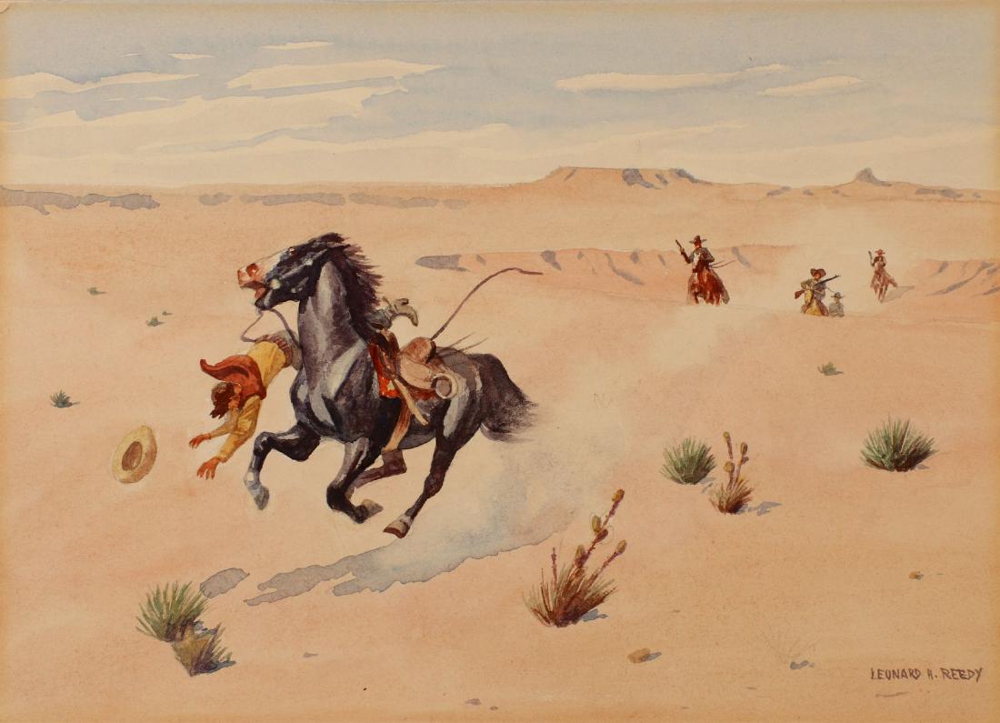 LEONARD REEDY (1899-1956) WATERCOLOR ON PAPER: Leonard Howard Reedy (1899-1956) End of an Outlaw 1940s Signed lower right, titled 'End of an Outlaw' in pencil in the lower center margin. Print measures 8.5 x 11.5 inches, 9 x 12 inch sheet. Provena