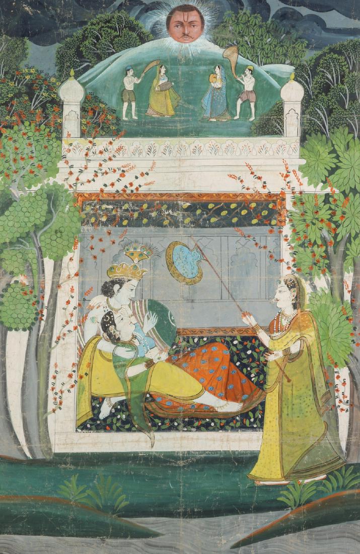 AN 18TH / 19TH CENTURY INDIAN MUGHAL PAINTING: The large painted cloth work with figures in the traditional Mughal motif. Measures 67.75 x 44 inches, in a 69 x 45 inch frame. We happily provide seamless in-house packing and shipping services on ne