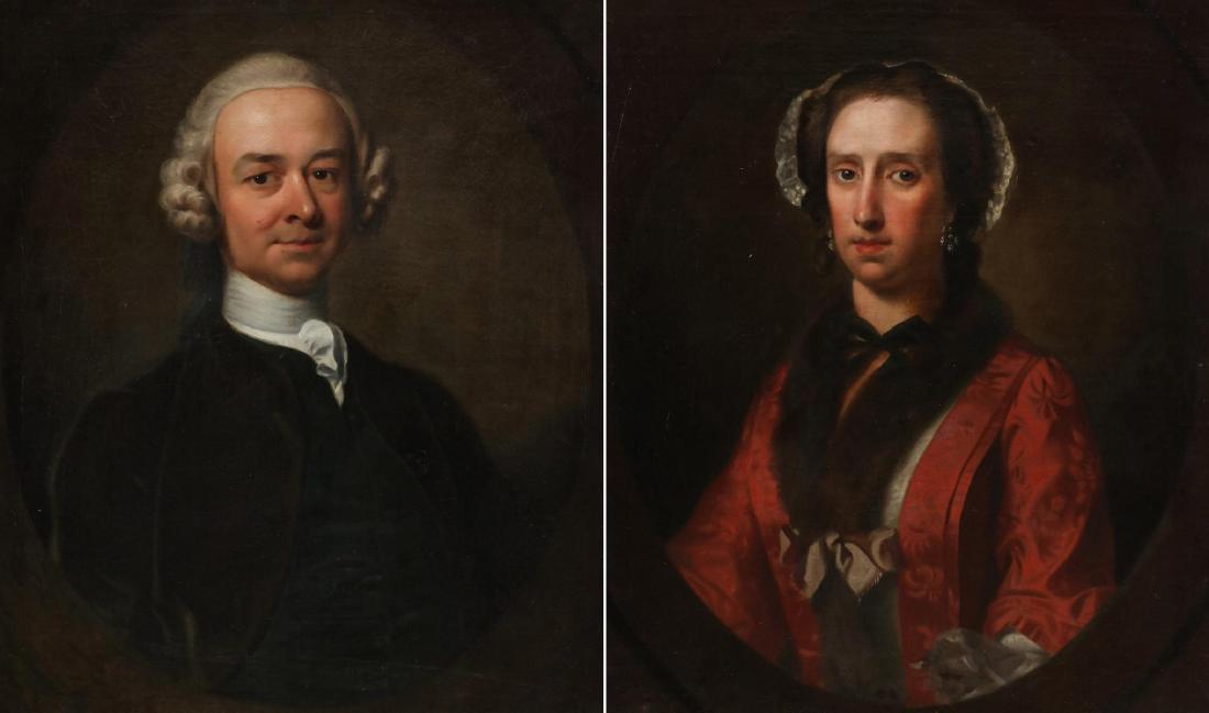 OIL ON CANVAS PORTRAIT PAIR MANNER OF ALLAN RAMSAY: The half-length portrait of a woman in lace bonnet, red silk damask coat and fur boa; a gentleman in high white collar, velvet frock coat and powdered wig, unsigned, circa early 19th century. Each can