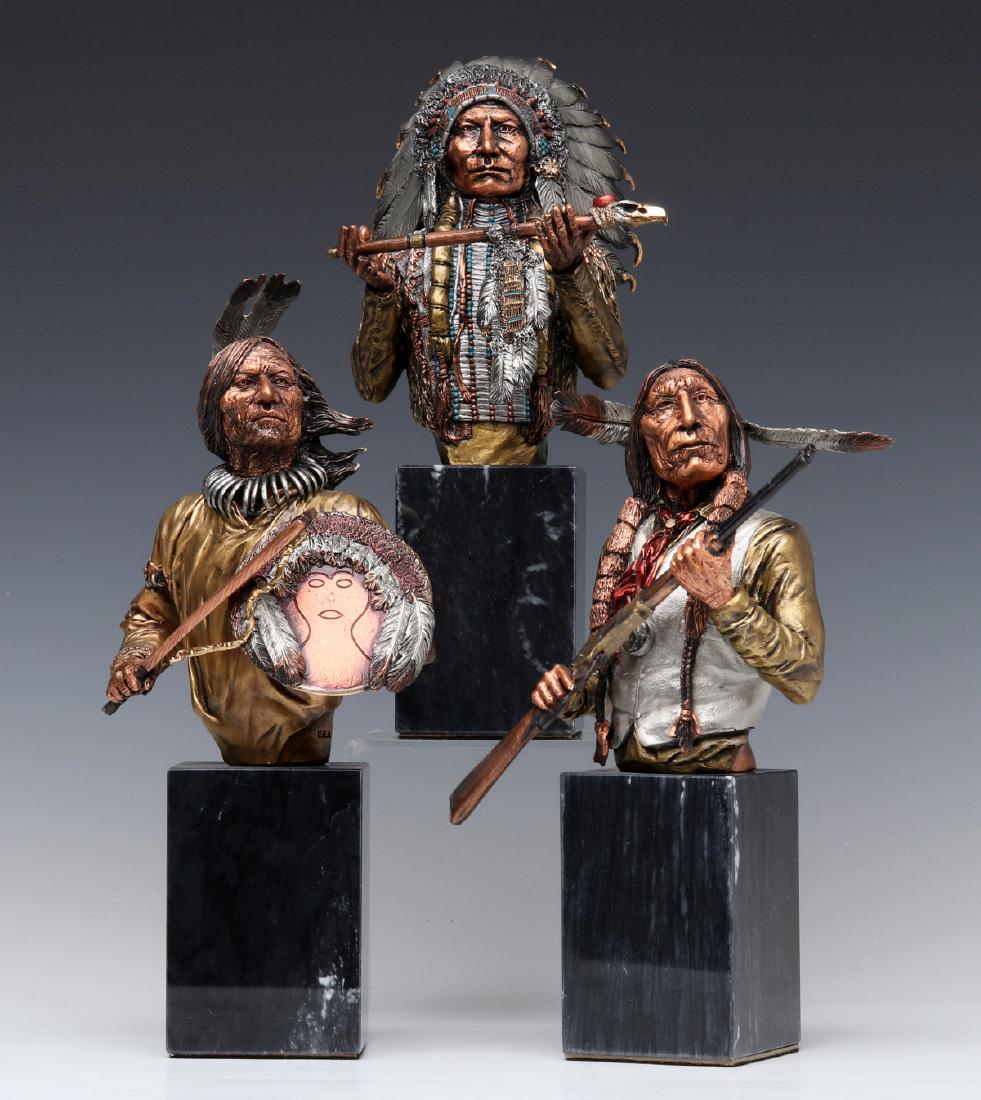 WILLY WHITTEN NATIVE AMERICAN BRONZE SCULPTURES: Willy Whitten (20th Century) Dog Soldier, Peace Offering and Yellow Boy 1992-1993 Three enameled bronze and pewter sculptures titled 'Dog Soldier,' 'Peace Offering' and 'Yellow Boy' on the back of the