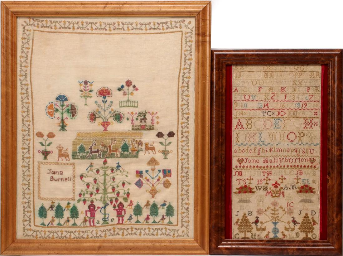 TWO SAMPLERS: ADAM AND EVE AND OTHER PICTORIAL: 19th century. A 19th century British sampler with Adam and Eve and te Tree and Snake; Jane Burnell; plus a second British sampler with letters, numbers, figures, trees and signed Jane Hallyburton. Fra