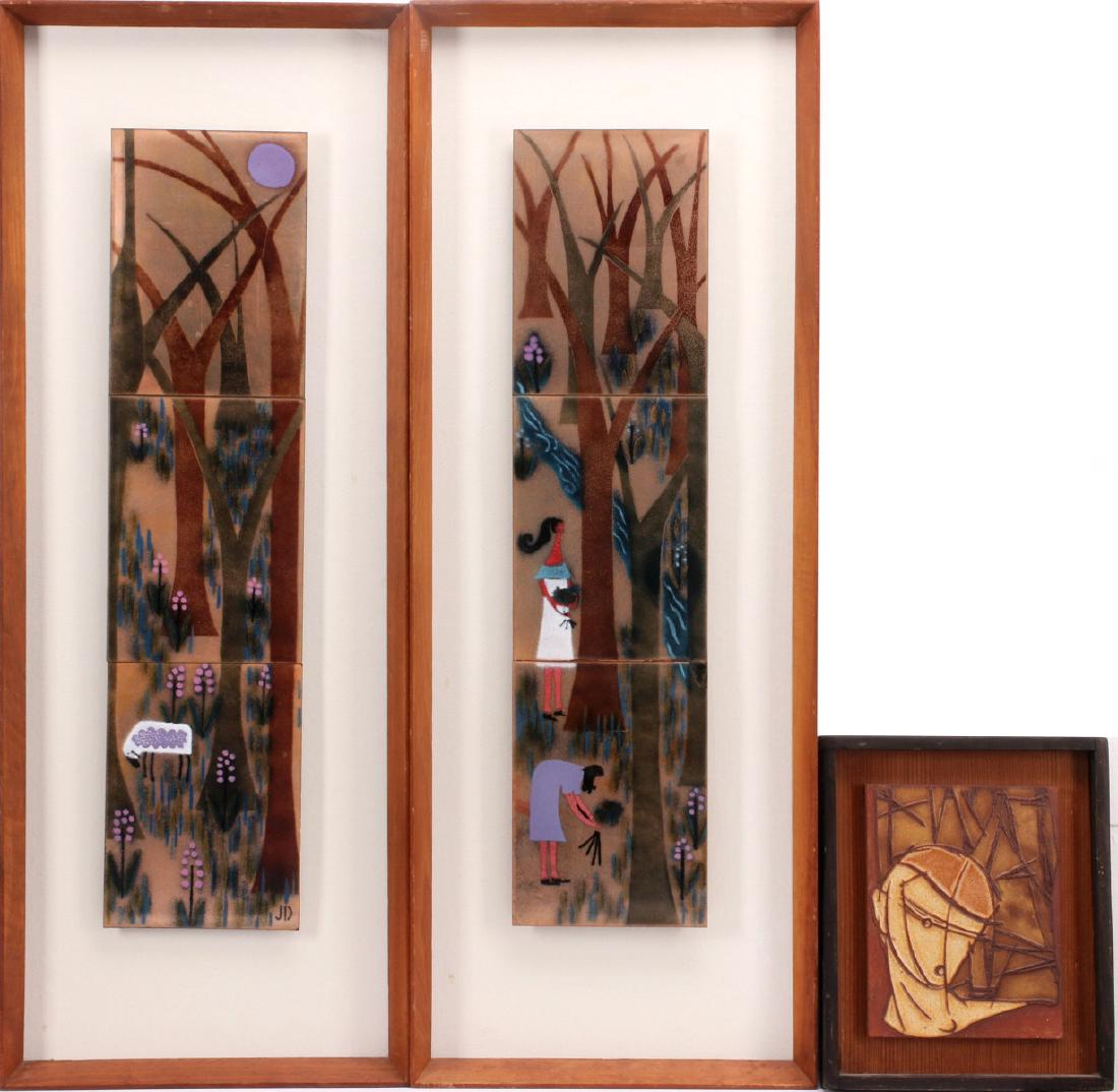 MID 20TH C. WORKS BY JUDITH DANER AND ADELE CHASE: Two three-piece compositions of enamel on copper plaques signed JD for Judith Daner, plus a ceramic tile with raised and glazed designs signed lower right front and verso with title of 'Farm Boy.' The