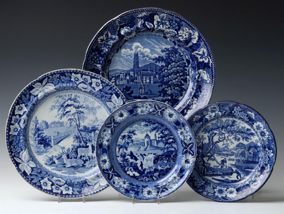 HISTORICAL STAFFORDSHIRE BLUE AND WHITE PLATES: Four plates include: 'Fisherman with Nets' by S. Tams & Co., signed with an ink stamp on back; 'Falls of Killarney', unsigned; 'Fonthill Abbey' by signed with an ink stamp on back; and An unsigned Sta