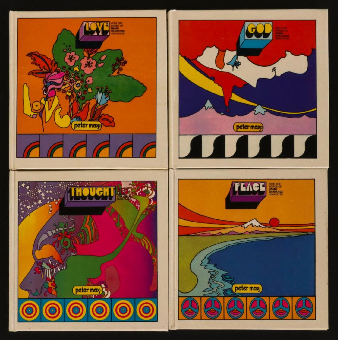 FOUR 1ST ED BOOKS ILLUSTRATED PETER MAX (B. 1937): A collection of four first edition mini-books with psychedelic period illustrations by Peter Max, titles include 'Peace,' 'Love,' 'God' and 'Thought,' text written 'With the Words of Swami Sivananda,