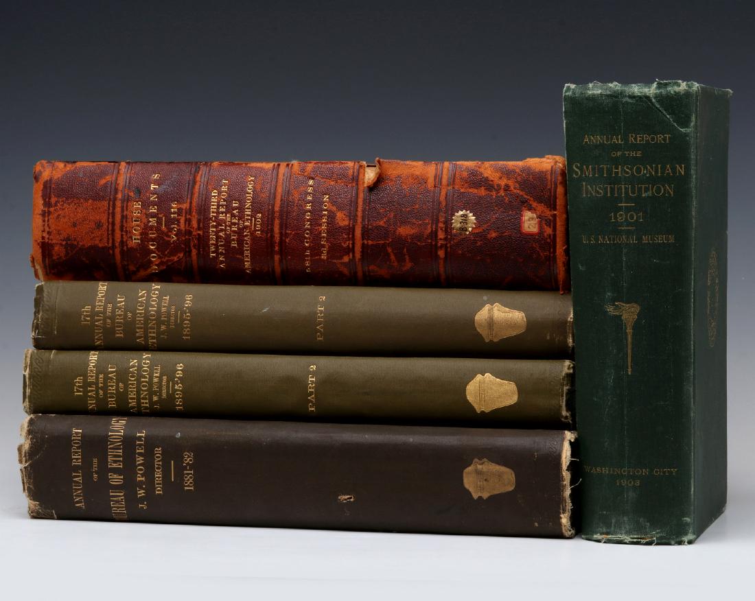 SMITHSONIAN AMERICAN ETHNOLOGICAL REPORTS: Two copies of 'Seventeenth Annual Report of the Bureau of American Ethnology to the Secretary of the Smithsonian Institution, 1895-96' (Ethnology, Pottery, Navajo Houses) by J.W. Powell, Director, par
