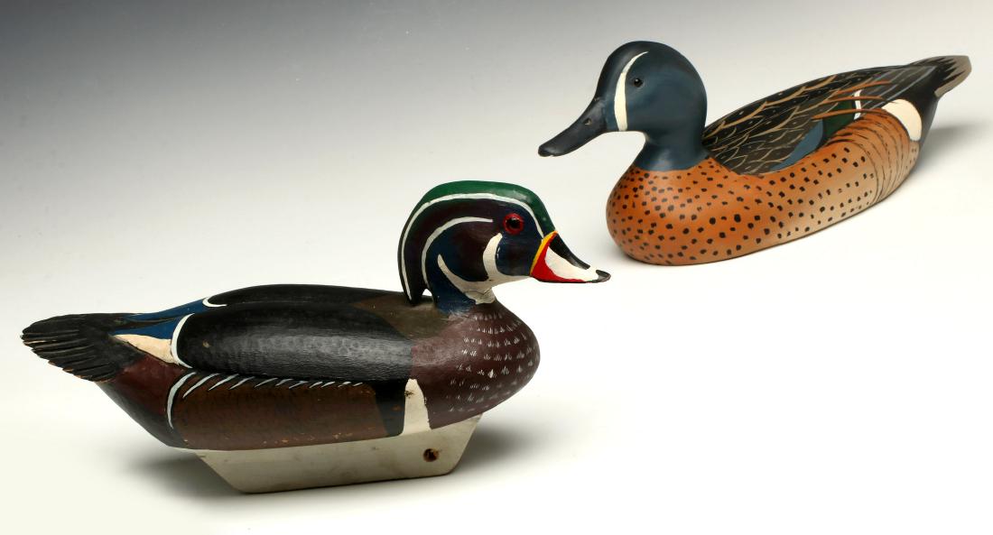 LATE 20TH C. WOOD DUCK AND BLUE-WINGED TEAL DECOYS (1 of 18)