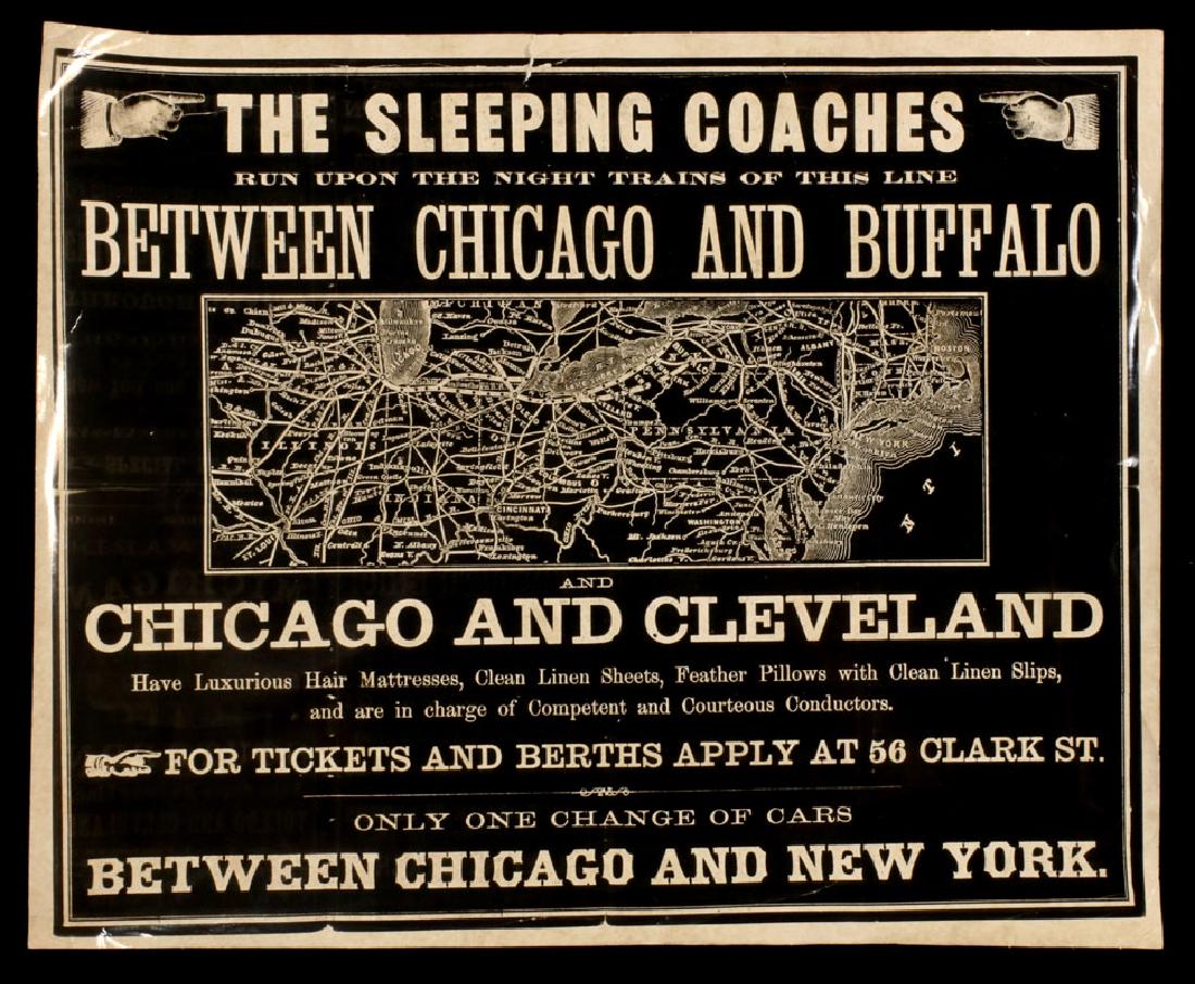 THE SLEEPING COACHES RAILROAD ADVERTISING LEAFLET: Single sided sheet advertising THE SLEEPING COACHES 'Run upon the night trains of this line between Chicago and Buffalo, and Chicago and Cleveland,' with a map of the central and north eastern corrido