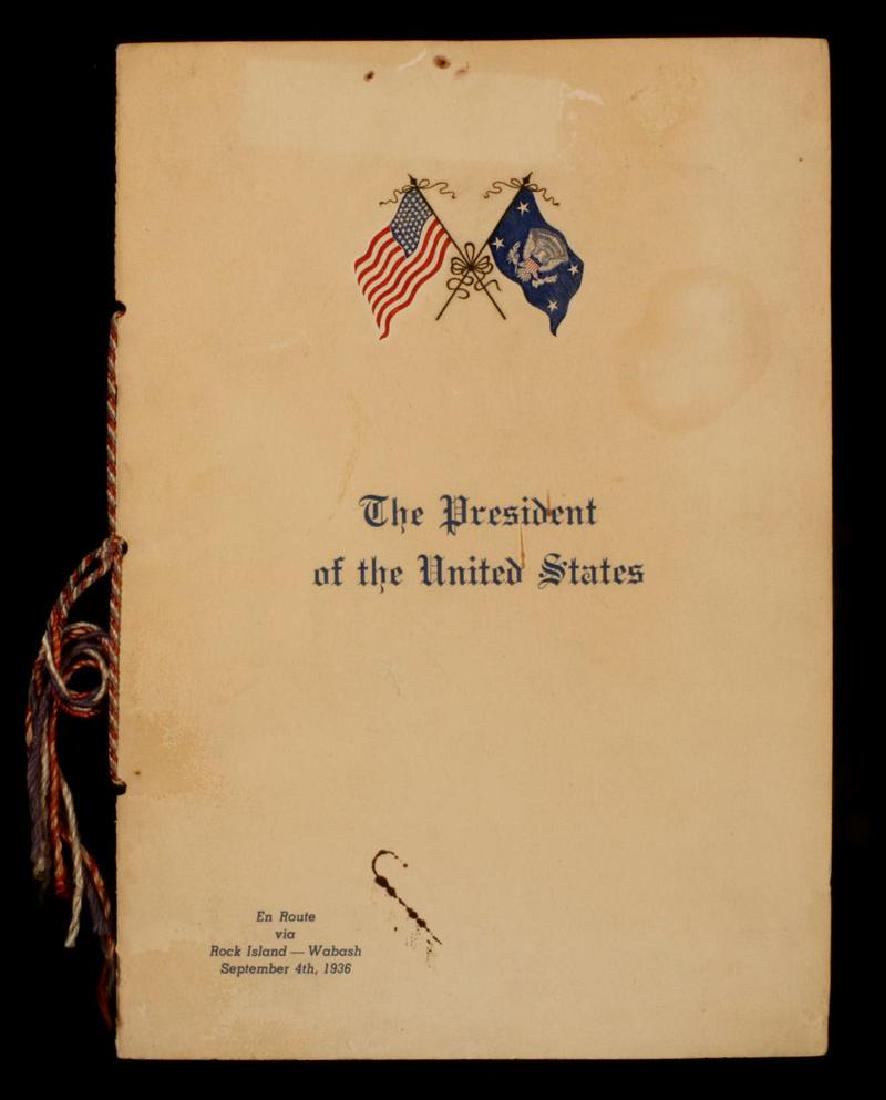 ROCK ISLAND-WABASH RR 'PRESIDENT OF THE US' MENU: Menu dated Sept. 4, 1936, titled 'The President of the United States,' en route via Rock Island - Wabash Railroads. Red, white, blue cord bound, embossed US and Presidential flags on the cover. Measur
