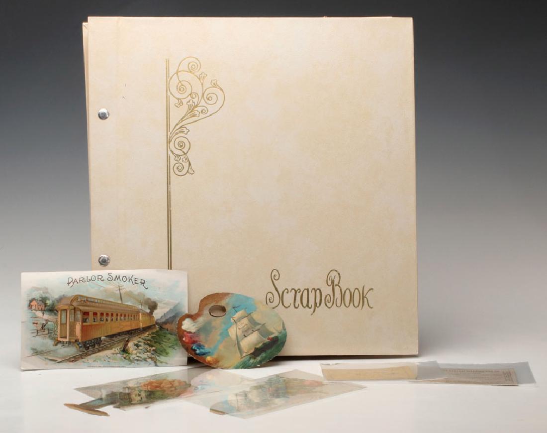 A SCRAPBOOK OF VICTORIAN DIE-CUT EPHEMERA: The chromolithographed pieces, some embossed, die cut and paper lace cards, advertising in German and English, Willimantic Thread, Hoyt's German Cologne, Granite Iron Ware, Hohenschuh & Cree Furniture
