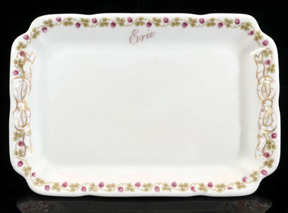 AN ERIE RAILROAD GOULD PATTERN PLATTER WITH LOGO: Erie Railroad rectangular platter in Gould Pattern with front logo and backstamp of Shenango China, New Castle, PA, Made for L. Barth & Son, New York. Measures 8.75 x 6 inches. We happily provide seam