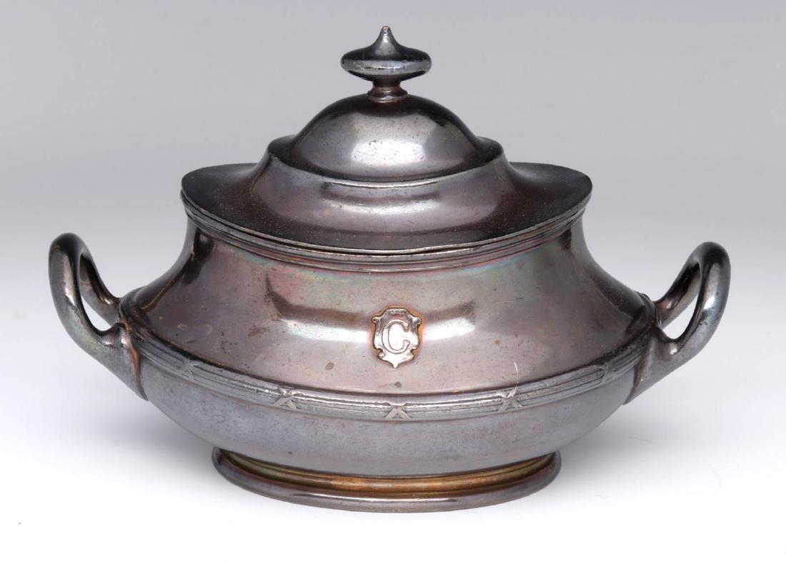 A NEW ENGLAND STEAMSHIP COMPANY SUGAR BOWL: Signed Gorham 08404 and 'New England SS Co. Commonwealth,' a subsidiary of the New Haven RR, with 'C' in shield on the side. Includes lid. Measures 4.25 x 7 x 4 inches. We happily provide seamless in-
