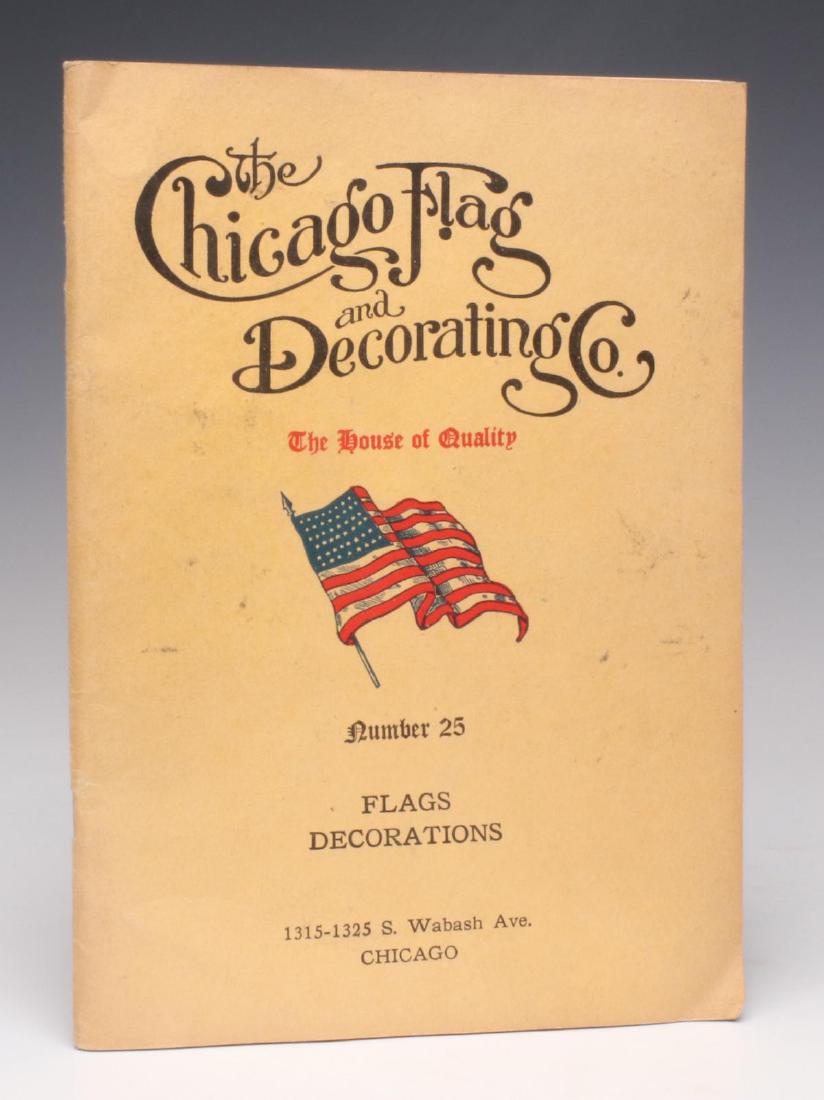 1918 CHICAGO FLAG & DECORATING CO. TRADE CATALOG: Color cardstock cover for the company's catalog no. 25 with patriotic flags and decorations, tabbed-in color litho image of President Wilson. Measures 9.5 x 7 inches. We happily provide seamless in-ho