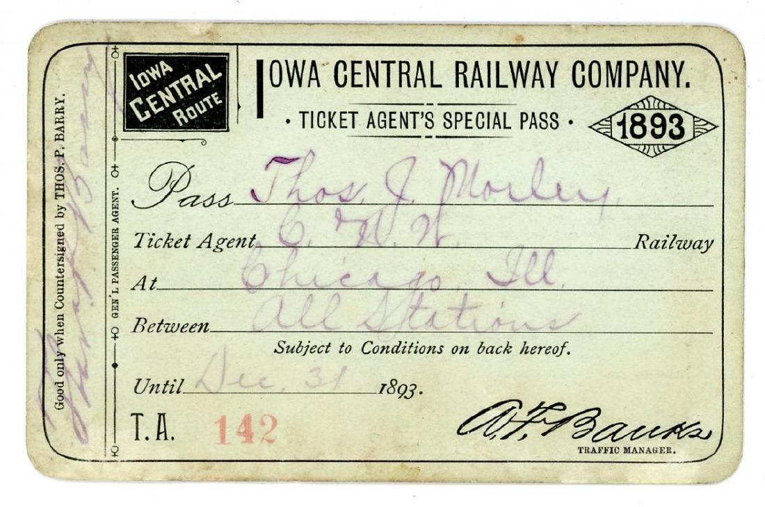 AN 1893 IOWA CENTRAL RAILWAY CO. SPECIAL PASS (1 of 2)