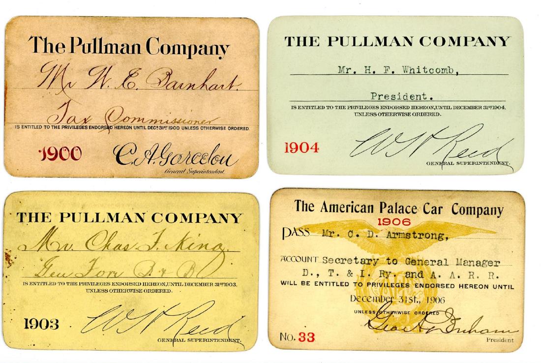 PULLMAN AND AMERICAN PALACE CAR RAILROAD PASSES: Four passes dated 1900, 1903 and 1904, company passes to employees and VIPs, including H.F. Whitcomb, president of Wisconsin Central Ry. Other lines include Kansas City, Pittsburg & Gulf Railroad, Chi
