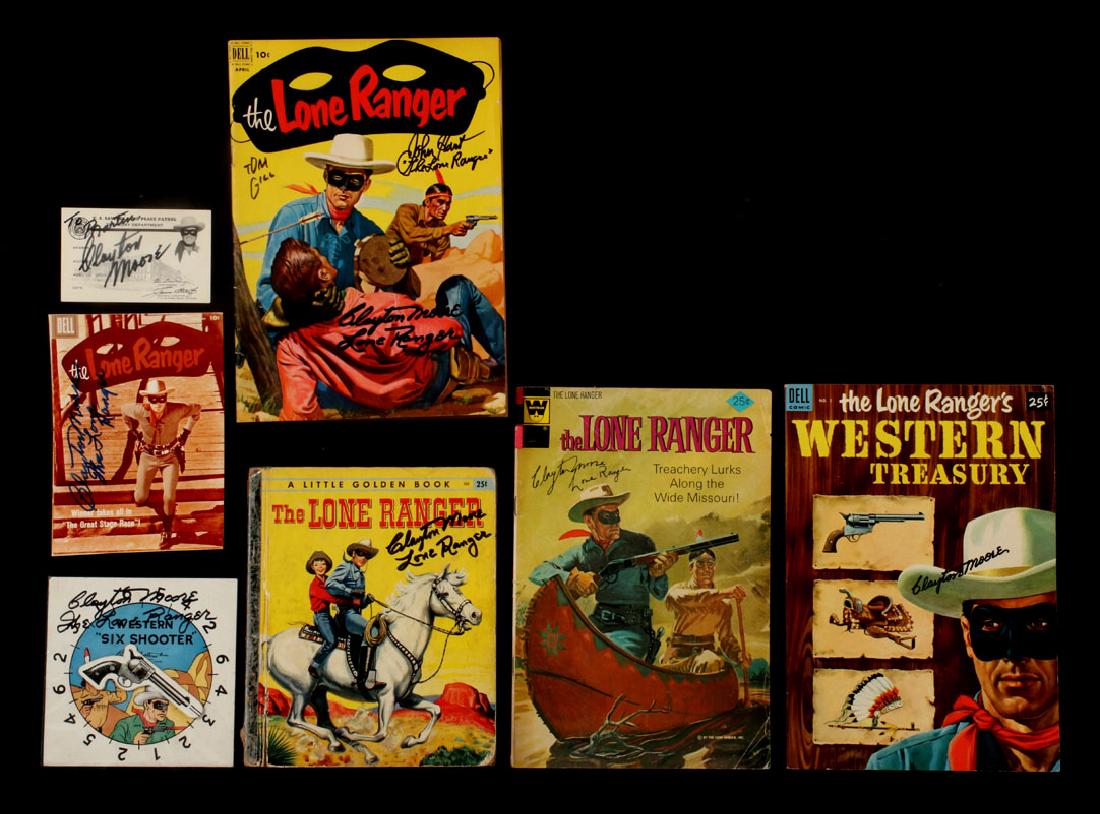 LOT OF SEVEN LONE RANGER SIGNED ITEMS: Clayton Moore signed 'Western Six Shooter' spinning pistol Parker Brothers game piece; signed 'The Lone Ranger' Little Golden Book; a Lone Ranger U.S. Savings and Peace Patrol membership card dedicate