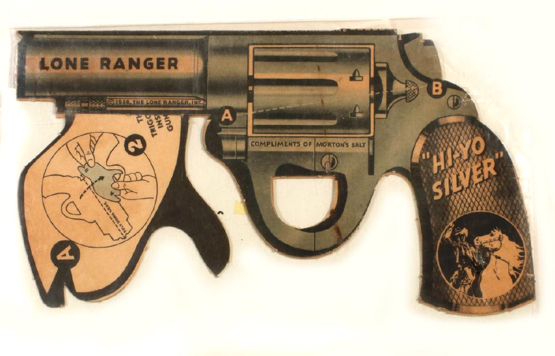 AN ARCHIVE OF LONE RANGER PHOTOS AND PREMIUM ITEMS: A Lone Ranger archive collected over decades with 105+ separate pieces of Lone Ranger related premium items, postcards, coupons, advertisements, photographs, books, cards, pinbacks, etc. Morton's Salt