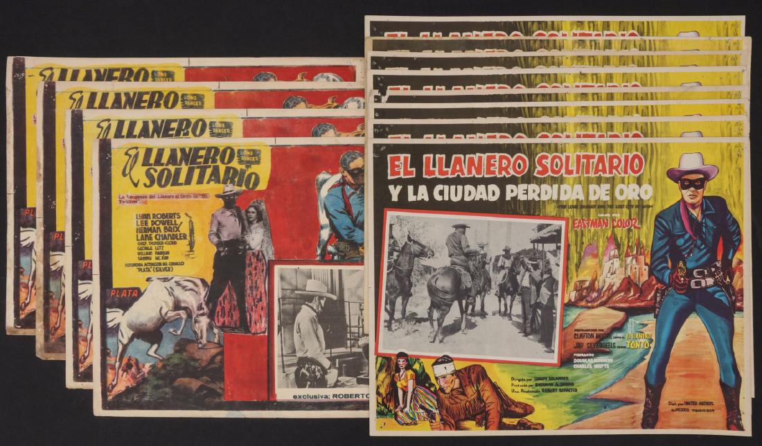 TWELVE LONE RANGER MEXICAN CINEMA LOBBY CARDS: Seven Spanish language 'El Llanero Solitario Y La Ciudad Perdida de Oro' (Lone Ranger and the City of Gold) lobby cards starring Clayton Moore and Jay Silverheels, each with a different still from the