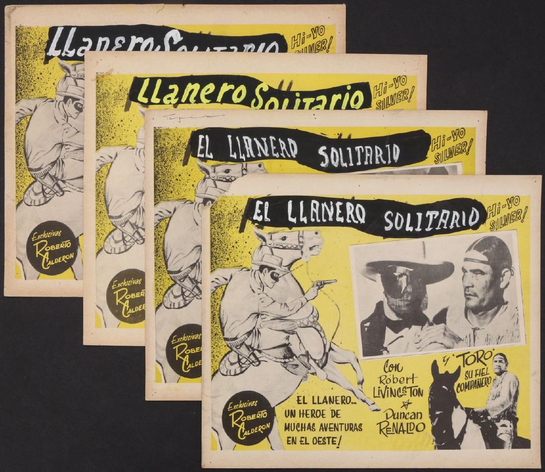 FOUR LONE RANGER MEXICAN CINEMA LOBBY CARDS: Four Spanish language lobby cards for ' El Llanero Solitario,' starring Robert Livingston and Chief Thundercloud, title on each hand retouched in white. Measure 12 x 14.75 inches each. We happily prov
