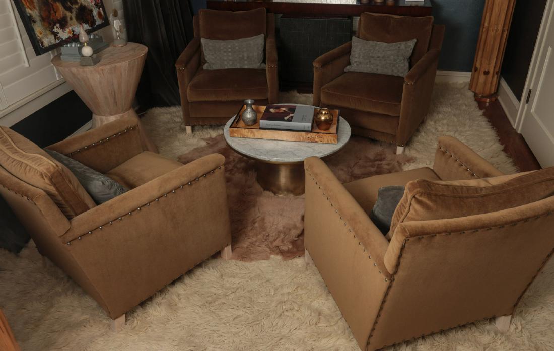 FOUR CRATE AND BARREL ARM CHAIRS WITH TACK HEADS: Upholstered Lee Industries arm chairs, custom covered in premium cotton velvet, custom filled cushions with tack head accent and woven suede leather pillows. Each measures 31 x 31 x 28.5 inches. We ha