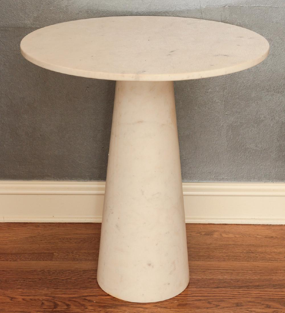 A CONTEMPORARY CONICAL BASE MARBLE SIDE TABLE: The circular marble top on conical base, a design in the spirit of those by Italian designer Angelo Mangiarotti in the 1970s. Measures 31 x 28 inches. We happily provide seamless in-house packing and 