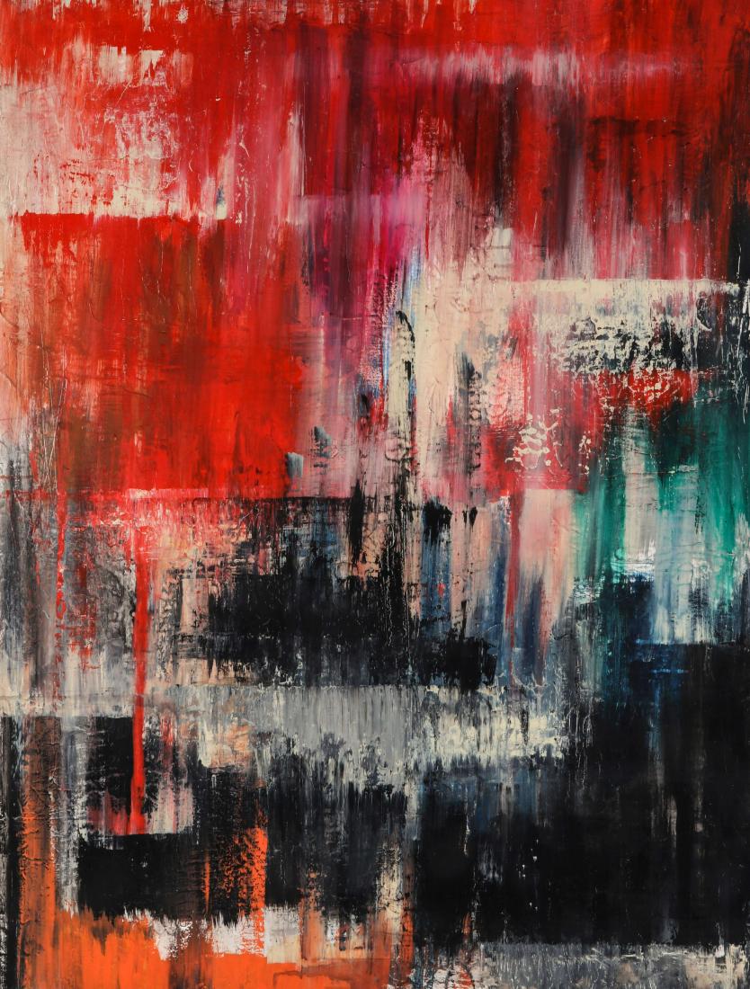 MANNER OF GERHARD RICHTER OIL ON CANVAS: Abstract composition in the manner of Gerhard Richter, mixed media on canvas, circa 1988. Measures 51.25 x 38.25 inches. We happily provide seamless in-house packing and shipping services on nearly ev