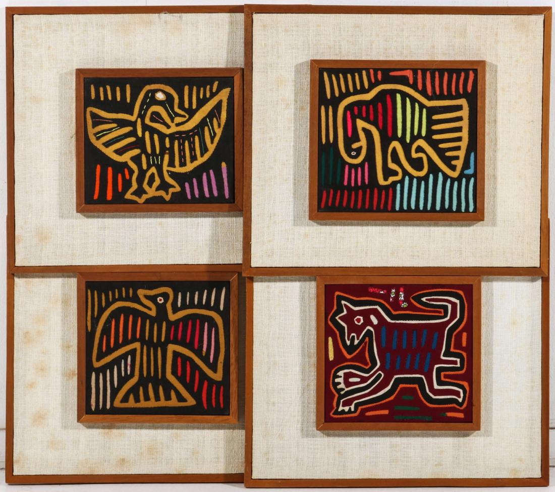 FOUR SOUTH AMERICAN MOLA TEXTILES: Sewn fabric applique textiles framed and with wide linen-covered boards. Three measure 6.5 x 7 inches, and one 6.75 x 7.5 inches, all in 13 x 14.75 inch frames. We happily provide seamless in-house pa