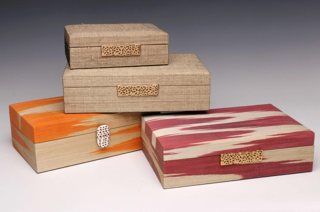 FOUR ELEGANT CLOTH COVERED VANITY BOXES: With filigree and shell clasps. Measurements range from 2.25 x 5.5 x 6.75 to 2.75 x 6.25 x 9.75 inches. We happily provide seamless in-house packing and shipping services on nearly everything we sell.