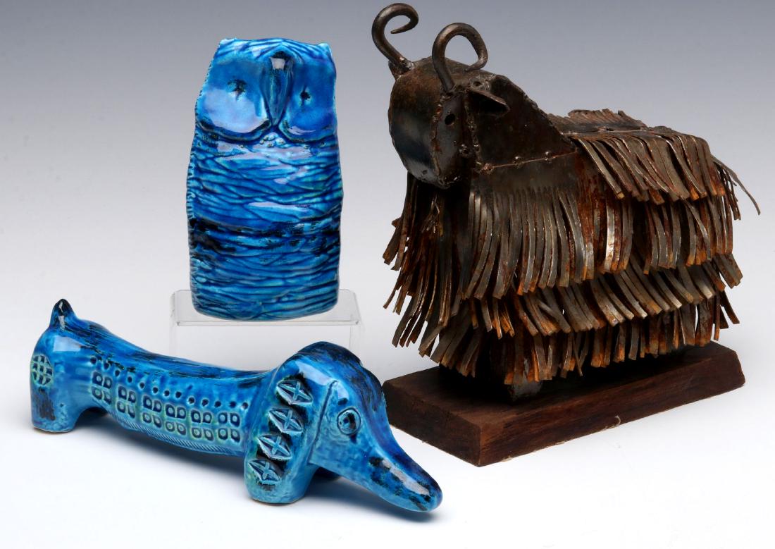 ALDO LONDI FOR BITOSSI AND MANUEL FELGUEREZ BARRA: The blue ceramic models of Owl and Dachshund by Aldo Londi for Bitossi, Italy, with a metal sculpture in the manner of the Manuel Felguerez Barra workshop. Measurements range from 3 to 9.25 inches. We