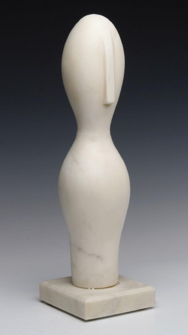 A MODERNIST MARBLE SCULPTURE AFTER JEAN ARP: The smooth white marble figure on square base, dated 1963, as found. Measures 17.25 inches. We happily provide seamless in-house packing and shipping services on nearly everything we sell.