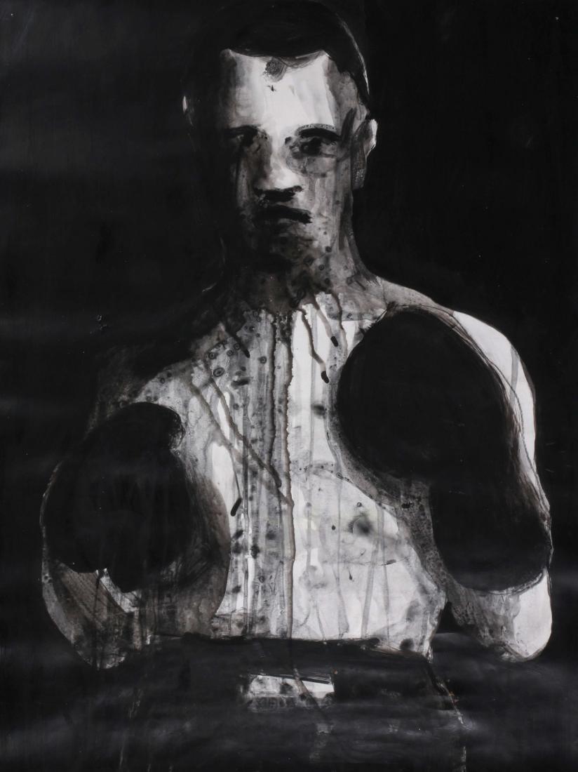 GEORGE SPENCER (BORN 1965) PAINTING OF BOXER: From the Great Boxer series, an original work on found paper by graffiti artist George Spencer, New York. Measures 24 x 18 inches. Provenance: Acquired directly from the artist. We happily provide sea